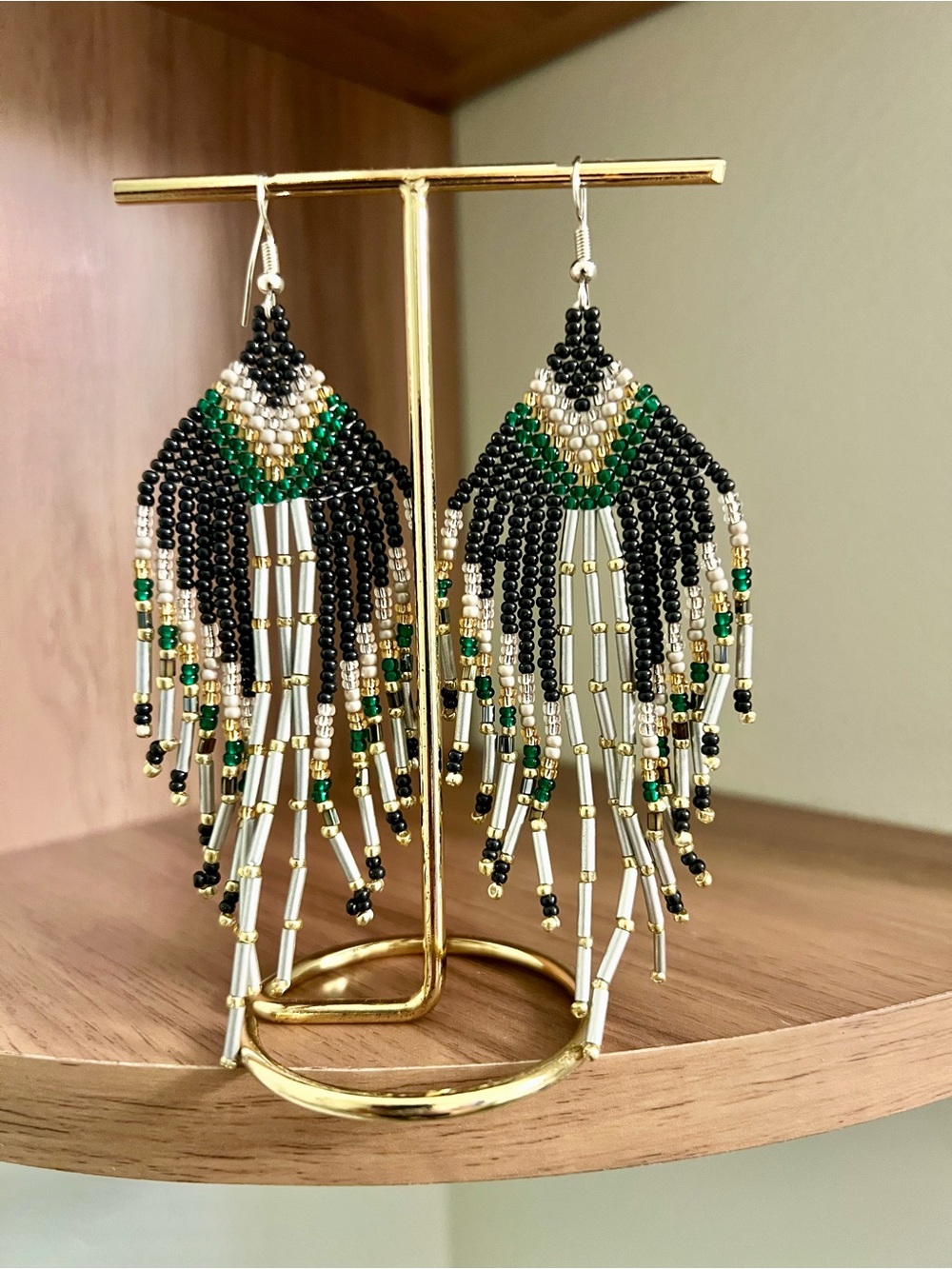 Gorgeous Black Silver and Green Accent Beaded Earrings
